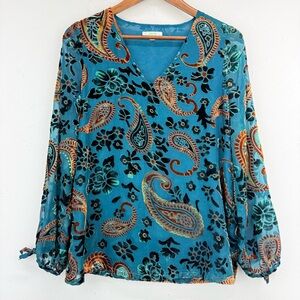 Jade Melody Tam size Small Women’s Teal Floral Paisley Velvet Boho Chiffon Top
